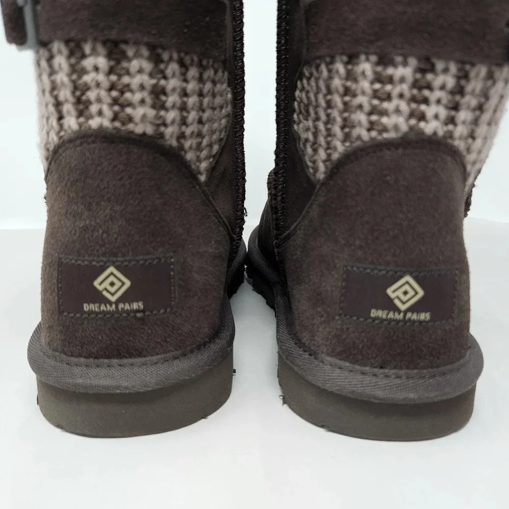 Dream Pairs Boots Womens Sz 8 Brown Faux Suede Knitted Back Faux Fur Adj.